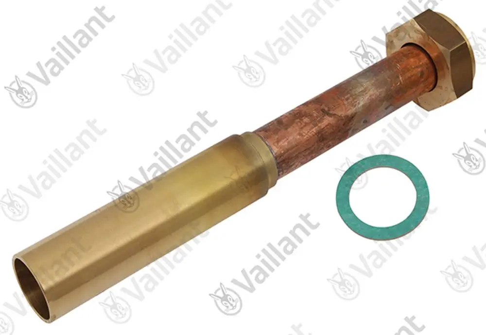 Vaillant Rohr mit einem Metallkörper und einem gewellten Ende, versehen mit einer Dichtung. Das Rohr ist Teil des Heizsystems und wird zur Verbindung genutzt.
